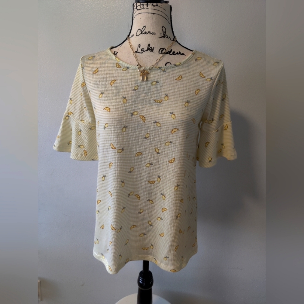 LC Lauren Conrad lemon lime ruffle sleeve shirt small euc tie back